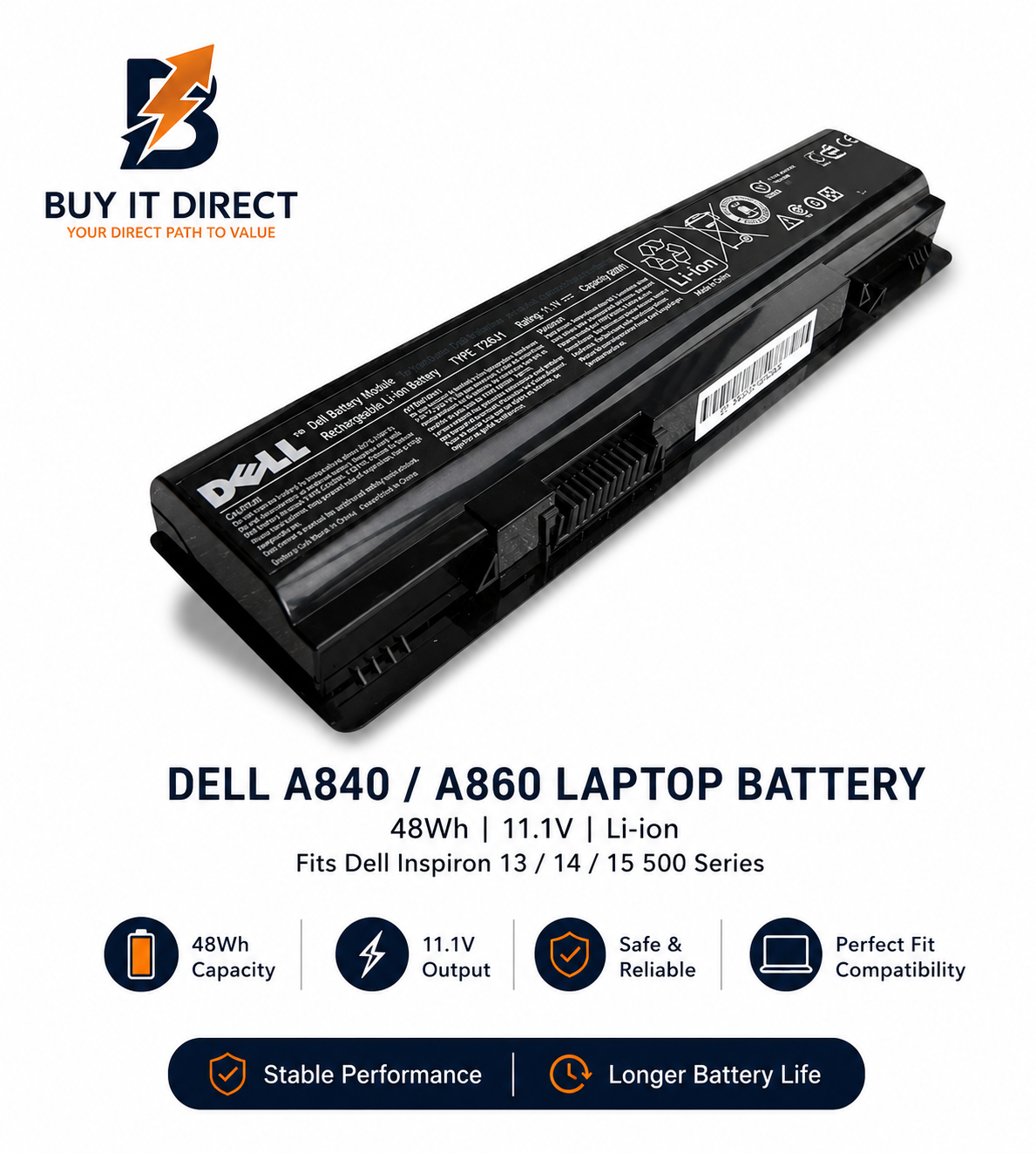بطارية لابتوب ديل A840 A860 بسعة 48 واط ساعة متوافقة مع Dell Inspiron 13 و14 و15 من سلسلة 500
