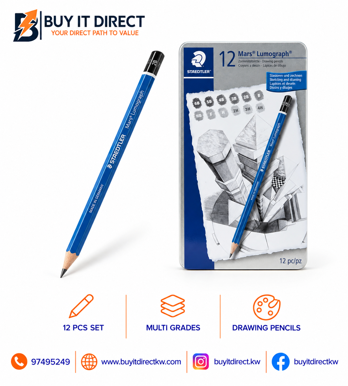 STAEDTLER Mars Lumograph Graphite Pencil Set – 12 Pcs