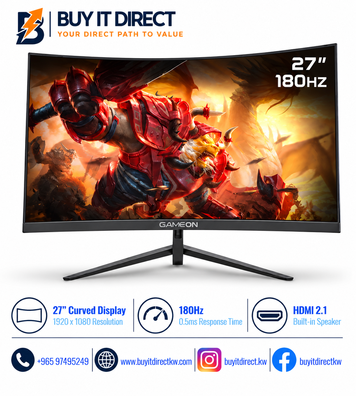 شاشة ألعاب GameOn GOC27F180VA منحنية 27 بوصة بدقة FHD – 180Hz، 0.5ms، VA، HDMI 2.1، سماعة