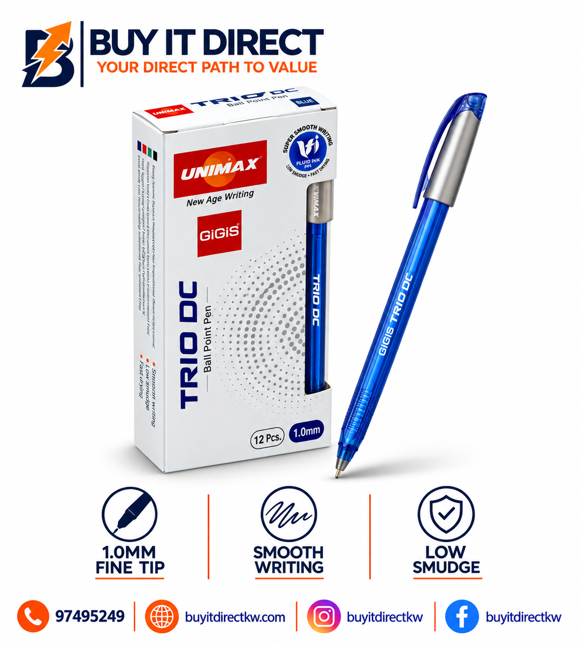 GIGIS Trio DC Ball Point Pen – Blue (12 pcs, 1.0mm)