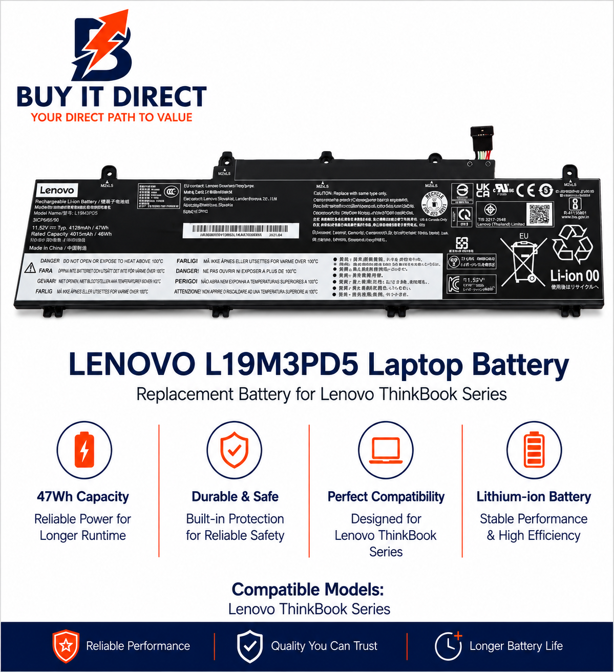 بطارية لابتوب Lenovo L19M3PD5 لأجهزة ThinkBook Series