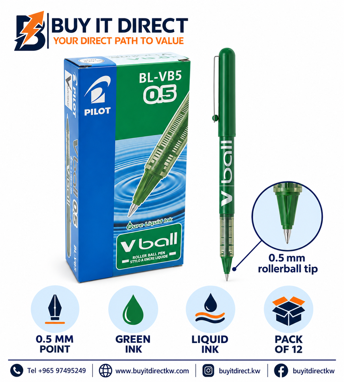 Pilot V-Ball BL-VB5 0.5 mm Green Pen - Pack of 12