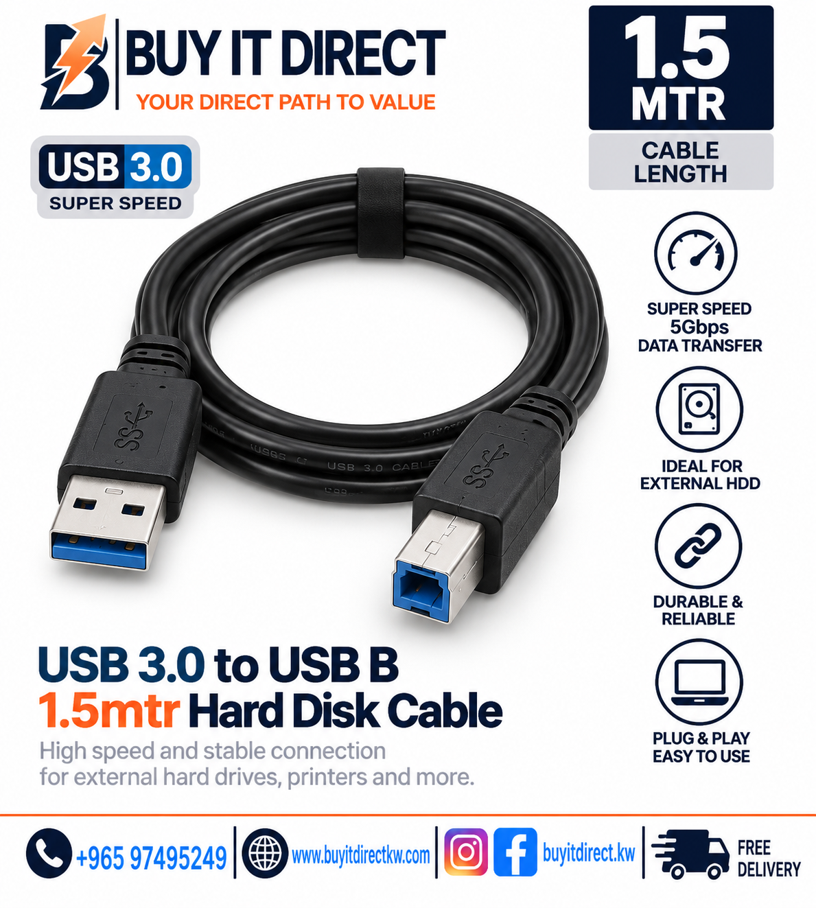 USB 3.0 to USB B 1.5mtr Hard Disk Cable