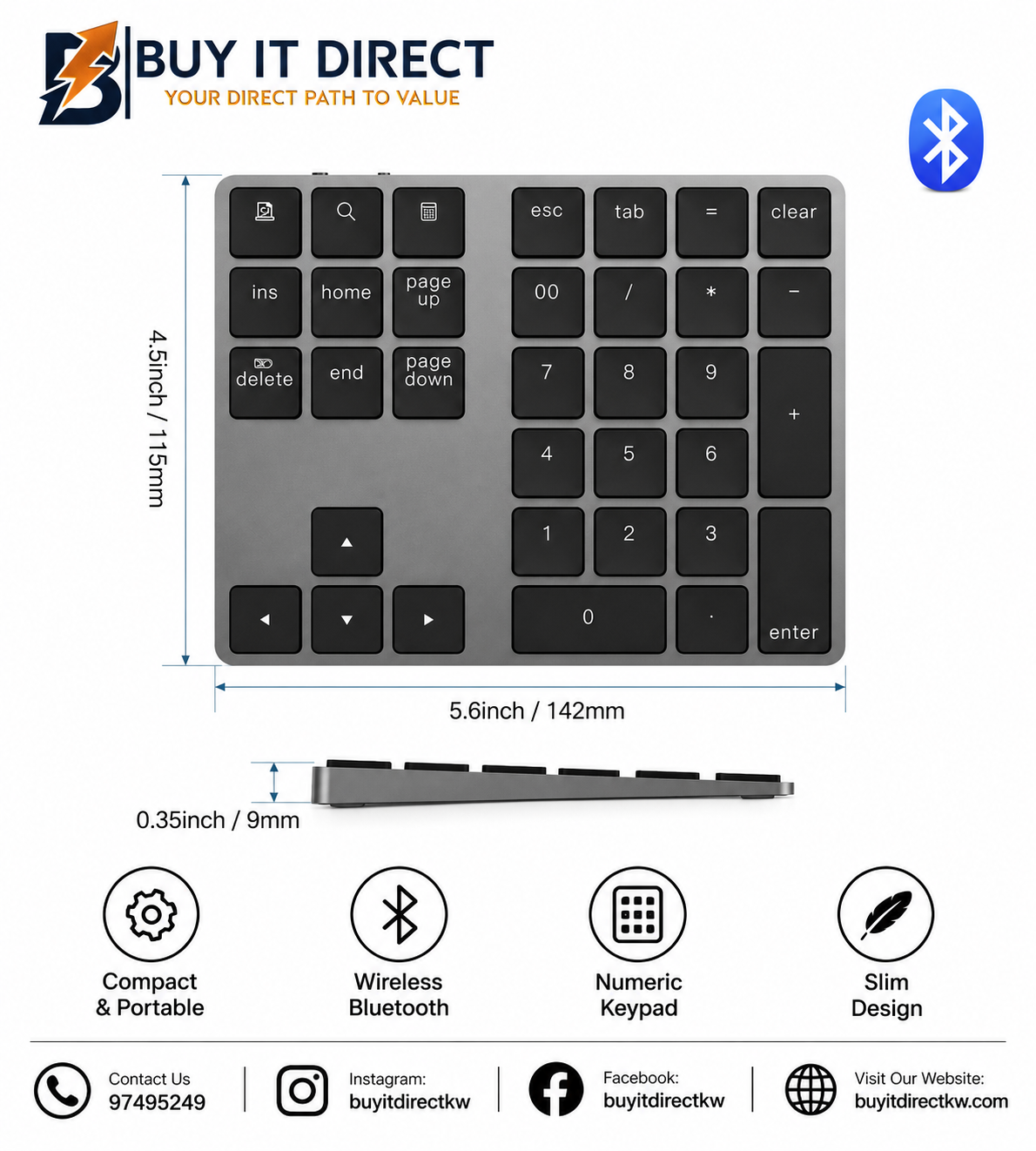 Bluetooth Rechargeable Wireless Numeric Keypad Black