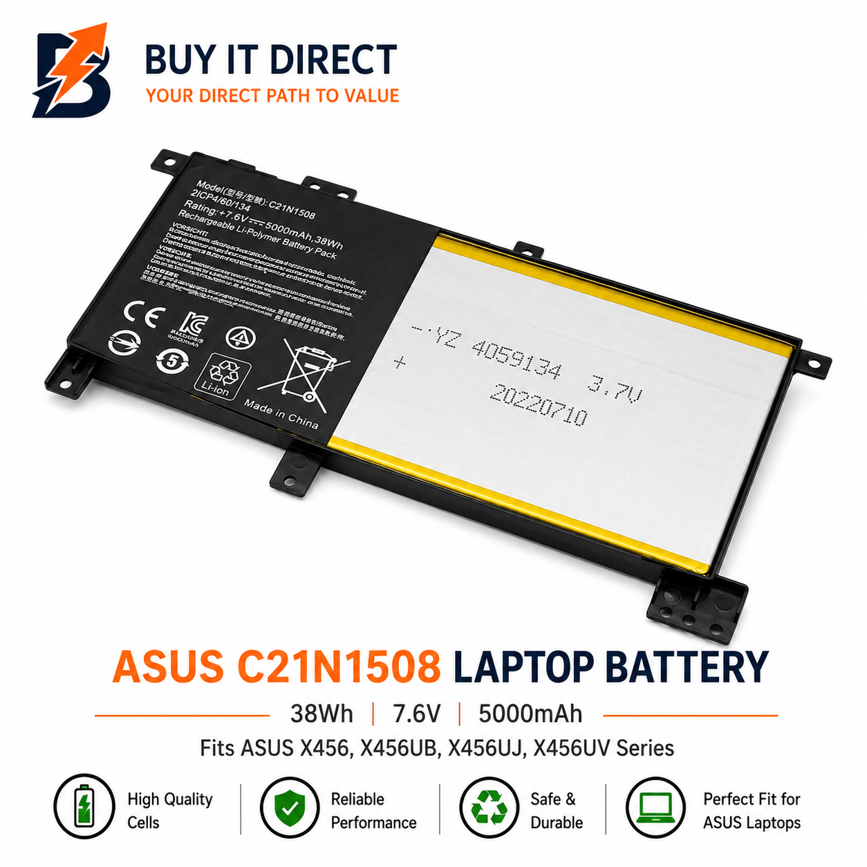 بطارية لابتوب اسوس C21N1508 بسعة 38 واط ساعة متوافقة مع سلسلة ASUS X456 وX456UB وX456UJ وX456UV