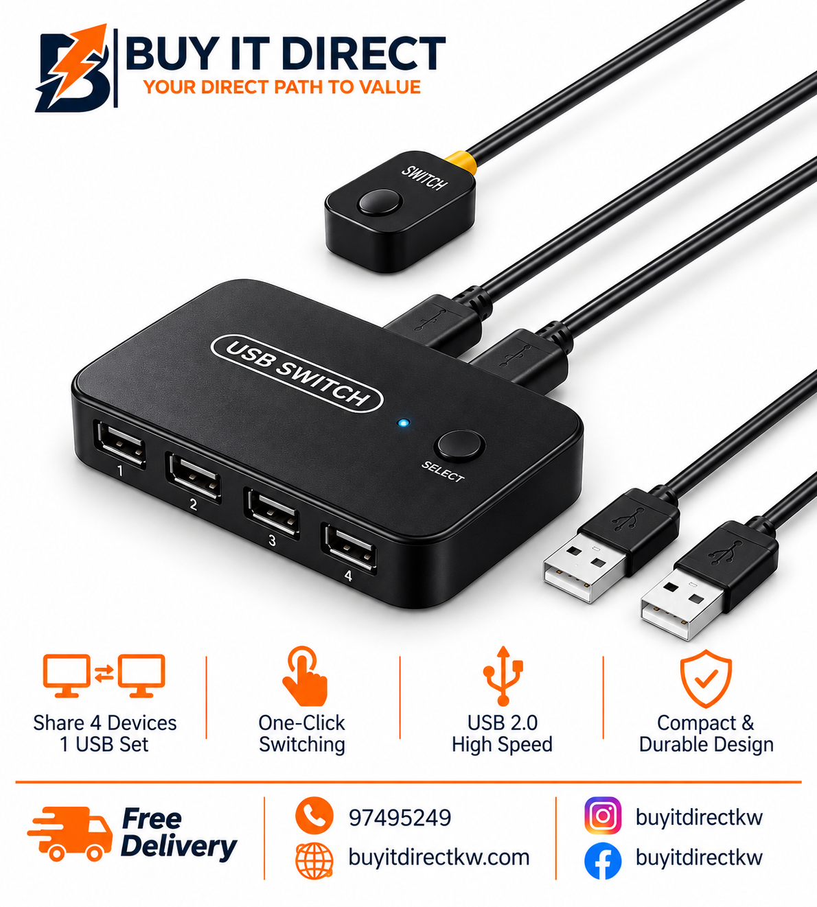 مفتاح USB 2.0 بمدخلين و4 مخارج