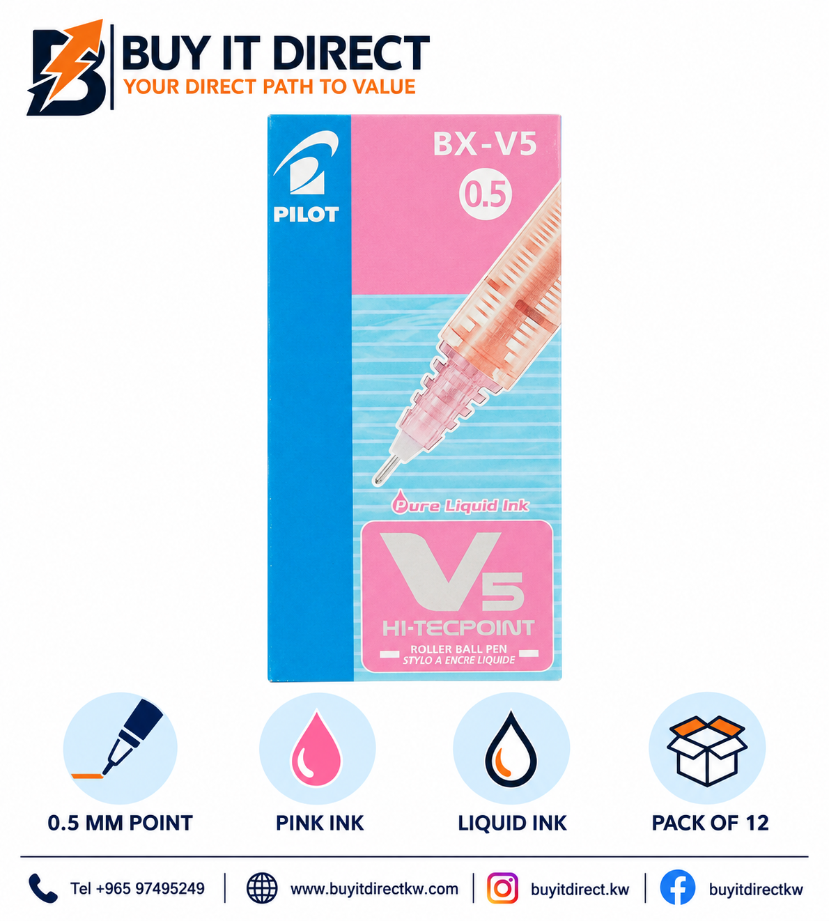 أقلام Pilot Hi-Tecpoint BX-V5 رولر بول 0.5 مم وردي - عبوة 12 قلم