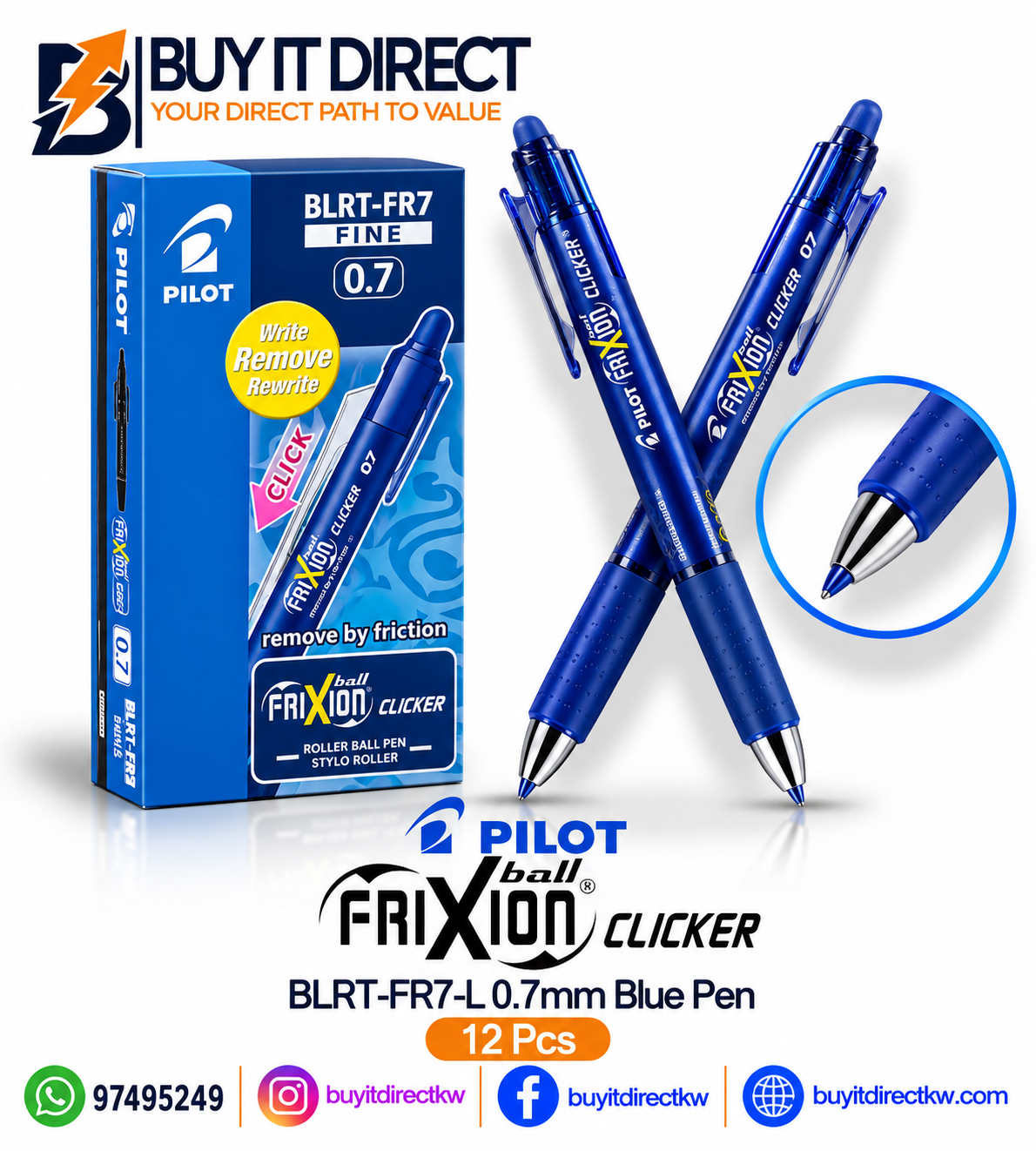 أقلام Pilot FriXion Ball Clicker BLRT-FR7-L بحبر أزرق 0.7 مم – 12 قطعة