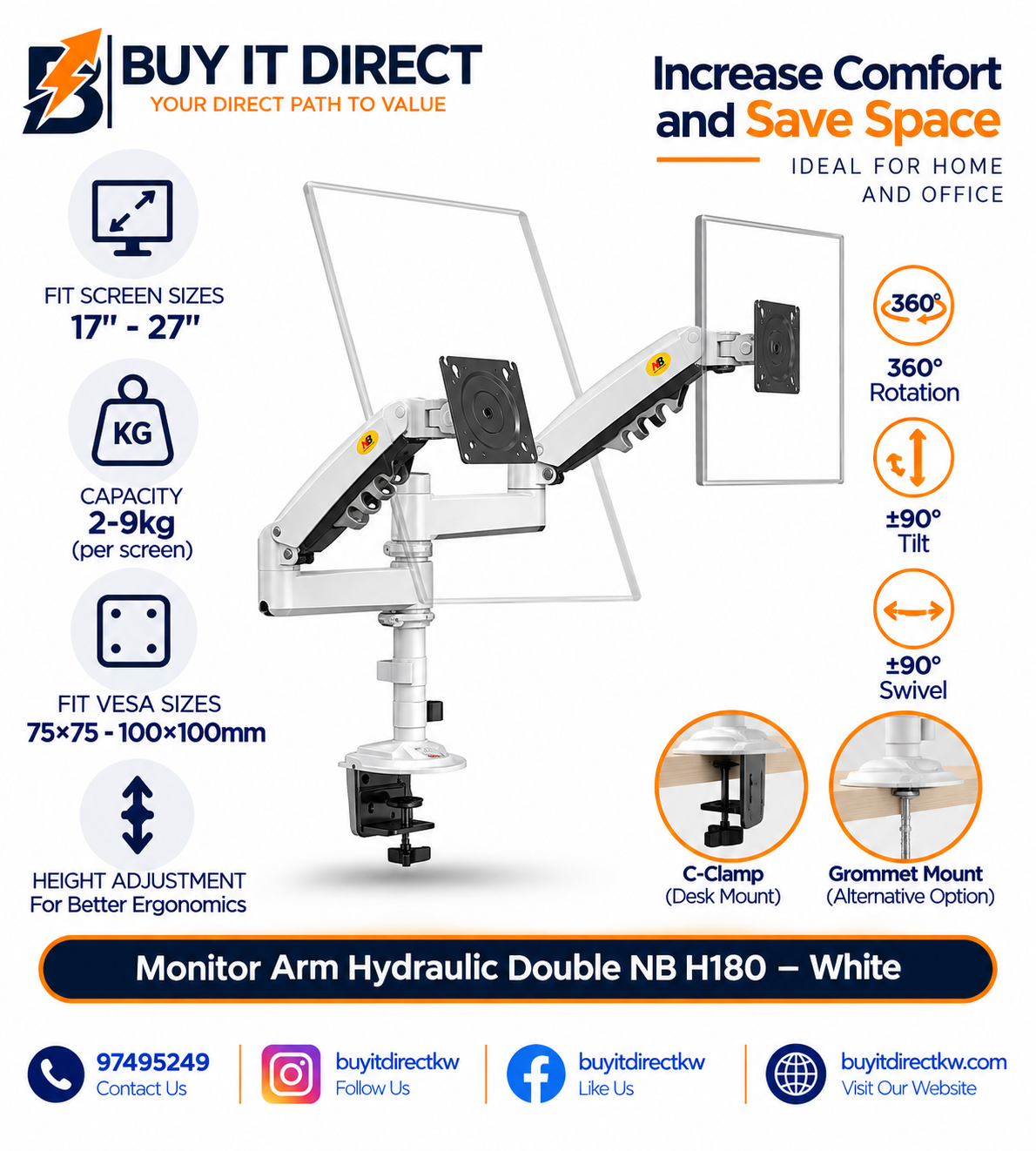 Monitor Arm Hydraulic Double NB H180 – White