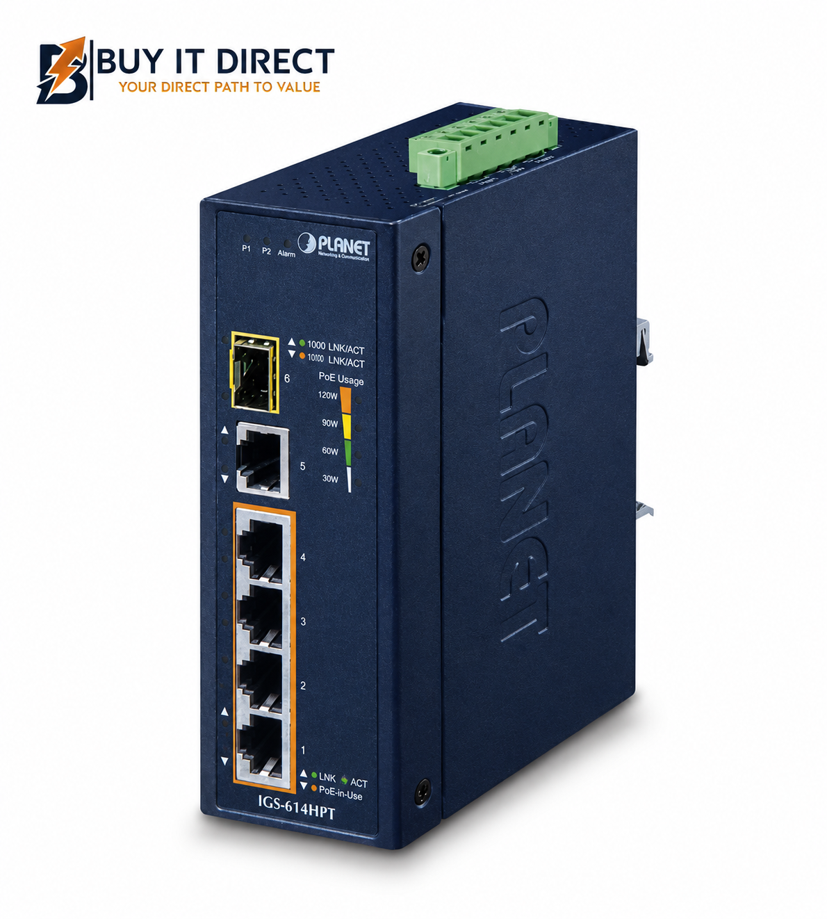 Planet IGS 614HPT Industrial 4 Port Gigabit PoE Plus Ethernet Switch with RJ45 and SFP