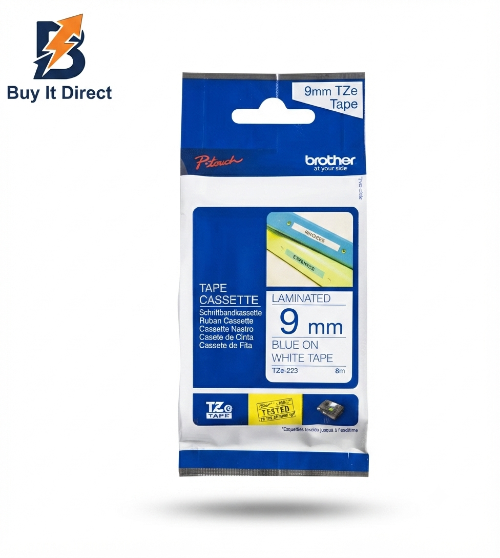 Brother Genuine TZe-223 Labelling Tape Cassette – Blue on White, 9mm Wide