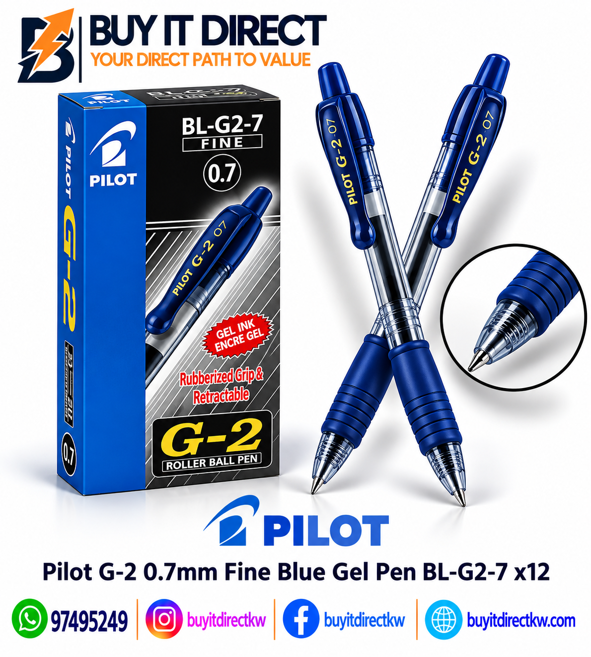 أقلام Pilot G-2 أزرق 0.7 مم رفيع – عبوة 12 قلم