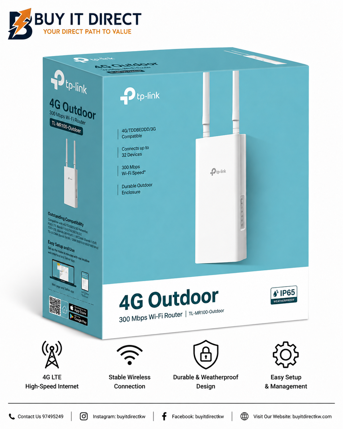 راوتر TP-Link TL-MR100-Outdoor خارجي بتقنية 4G وWi-Fi بسرعة 300 Mbps TL-MR100-Outdoor