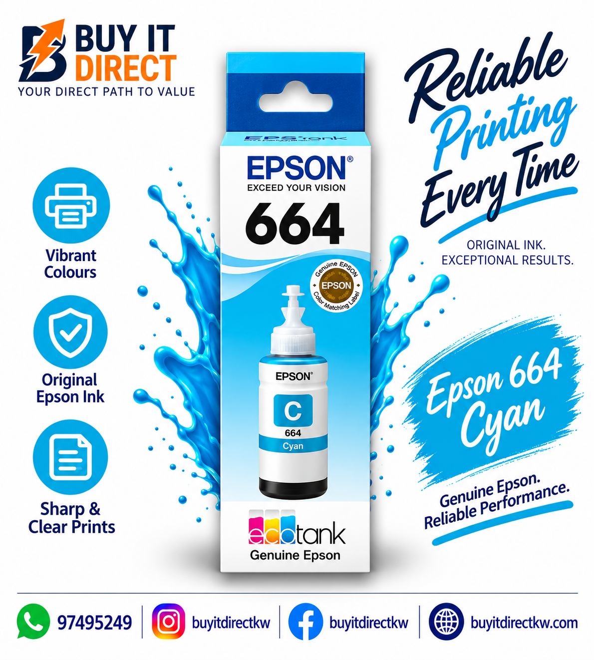 زجاجة حبر Epson 664 EcoTank أصلية باللون السماوي – C13T66424A