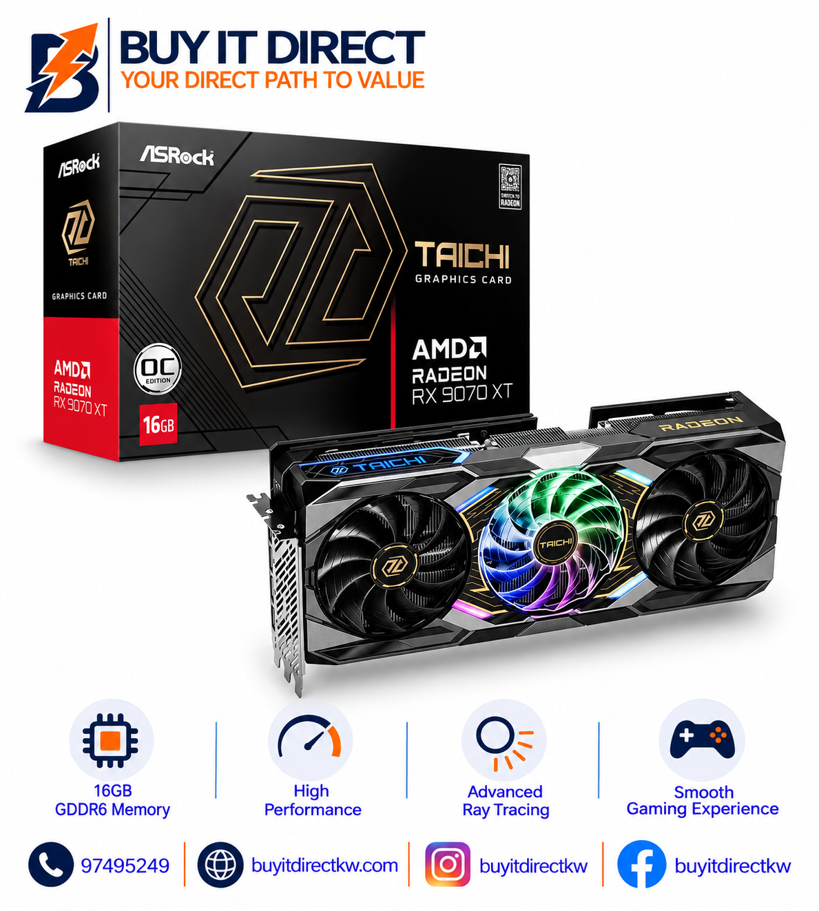 بطاقة رسومات ASRock AMD Radeon RX 9070 XT Taichi OC سعة 16 جيجابايت