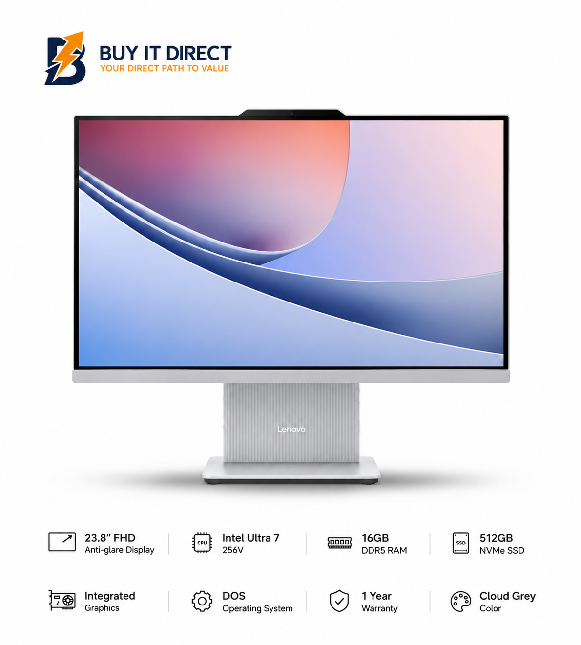 كمبيوتر Lenovo IdeaCentre 24 الكل في واحد مقاس 23.8 بوصة بدقة FHD غير لمسية، معالج Ultra 7 256V، ذاكرة 16GB DDR5 RAM، تخزين 512GB NVMe SSD، نظام DOS، ضمان سنة واحدة، لون Cloud Grey مع تثبيت Windows مجاناً