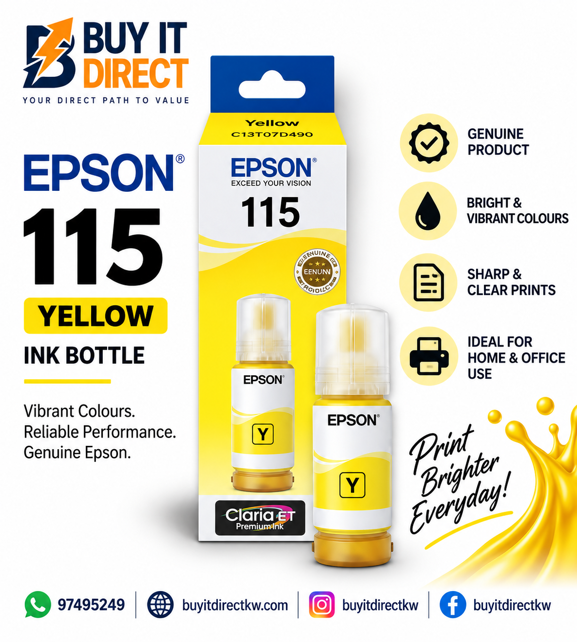 زجاجة حبر Epson 115 EcoTank أصلية باللون الأصفر – C13T07D44A
