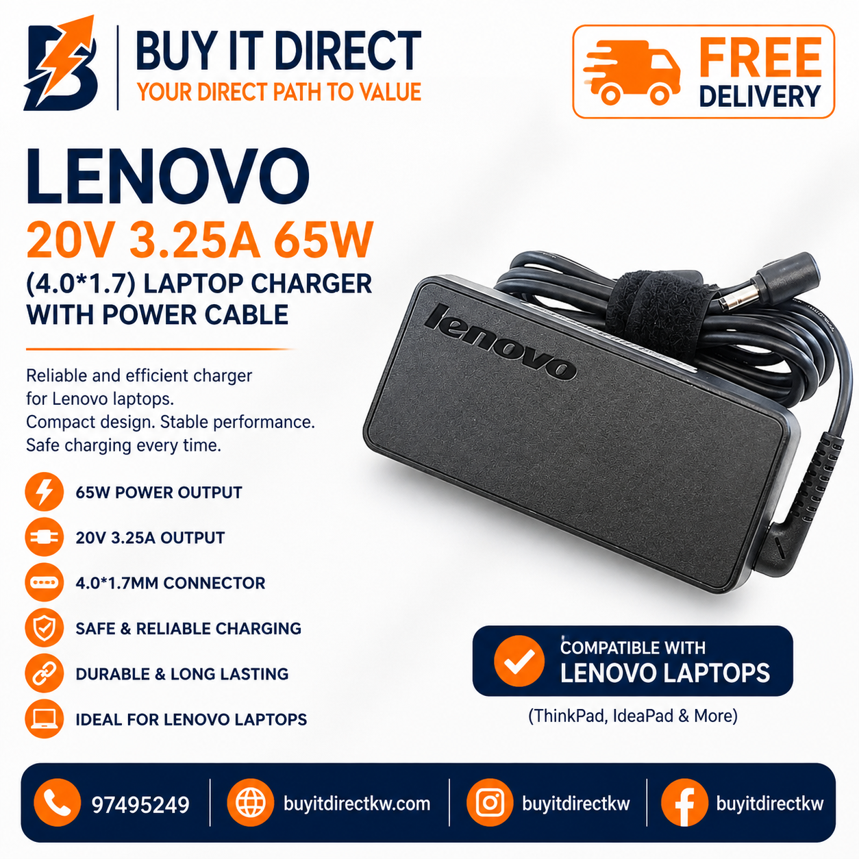 شاحن لابتوب Lenovo بقوة 65 واط 20 فولت 3.25 أمبير مع كابل طاقة 4.0 × 1.7 مم