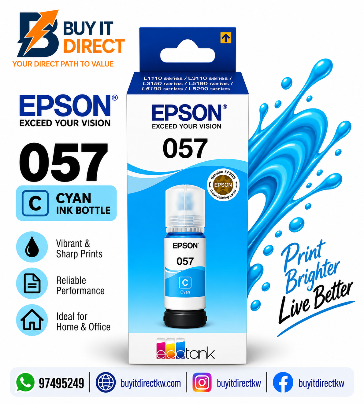 Epson 057 EcoTank Cyan Original Ink Bottle 70 ml – C13T09D200