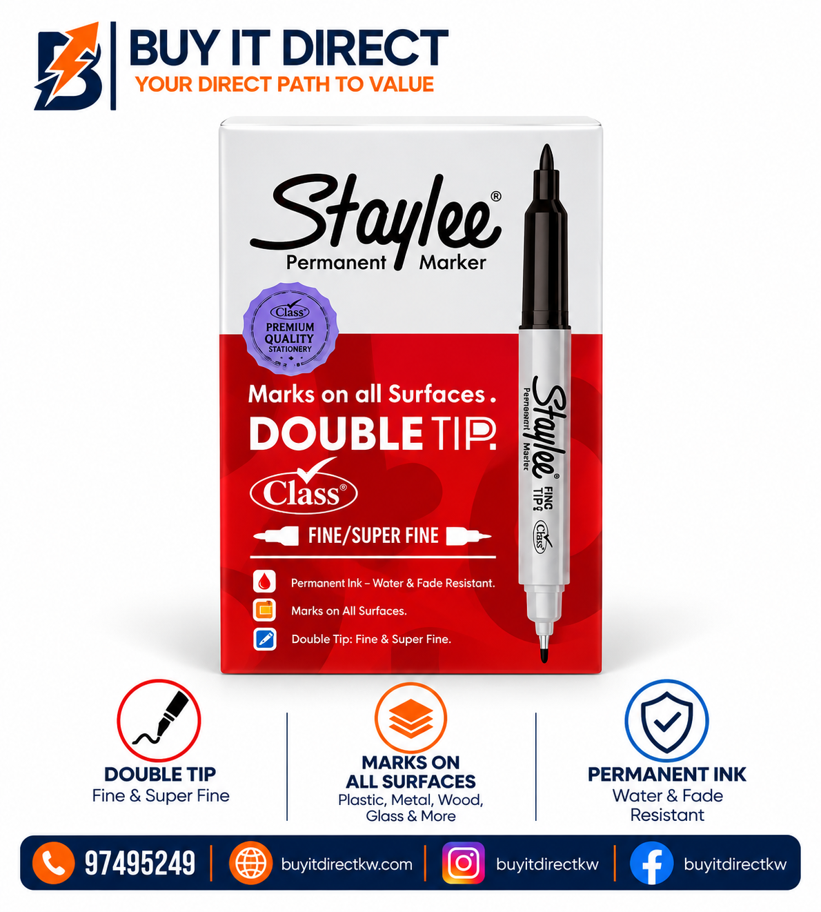 Class Staylee Permanent Marker Double Tip 12 Pcs Black