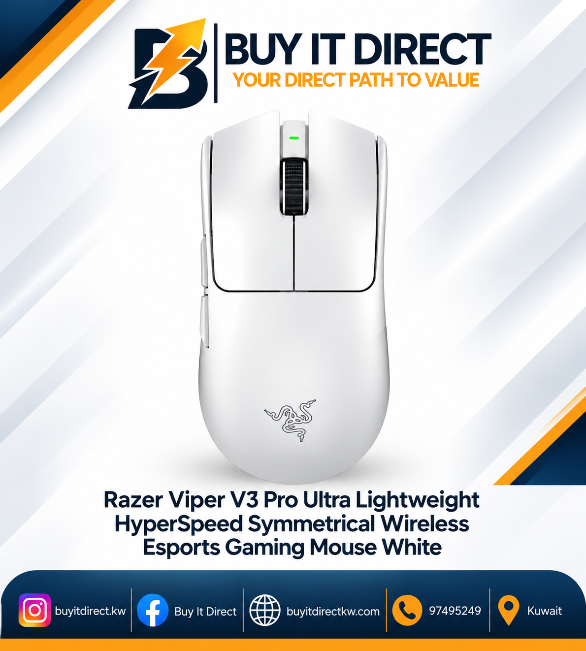 ماوس ريزر فايبر V3 برو لاسلكي متماثل وفائق الخفة بتقنية HyperSpeed للألعاب والرياضات الإلكترونية أبيض