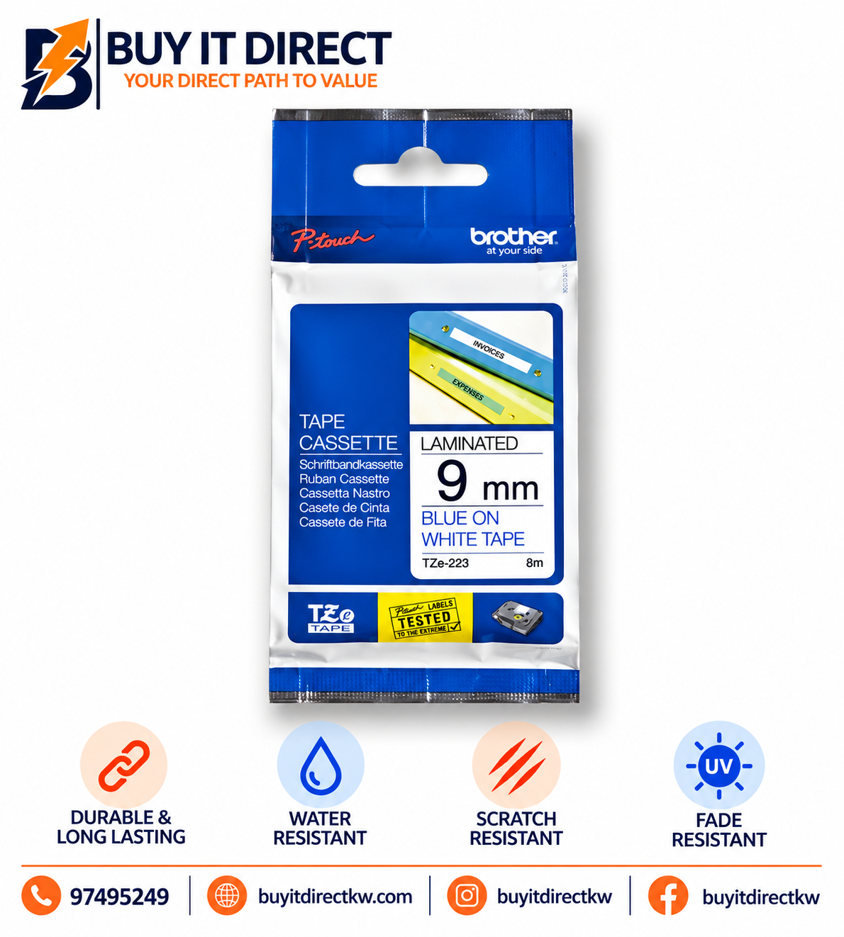 Brother Genuine TZe 223 Labelling Tape Cassette Blue on White 9mm 8m