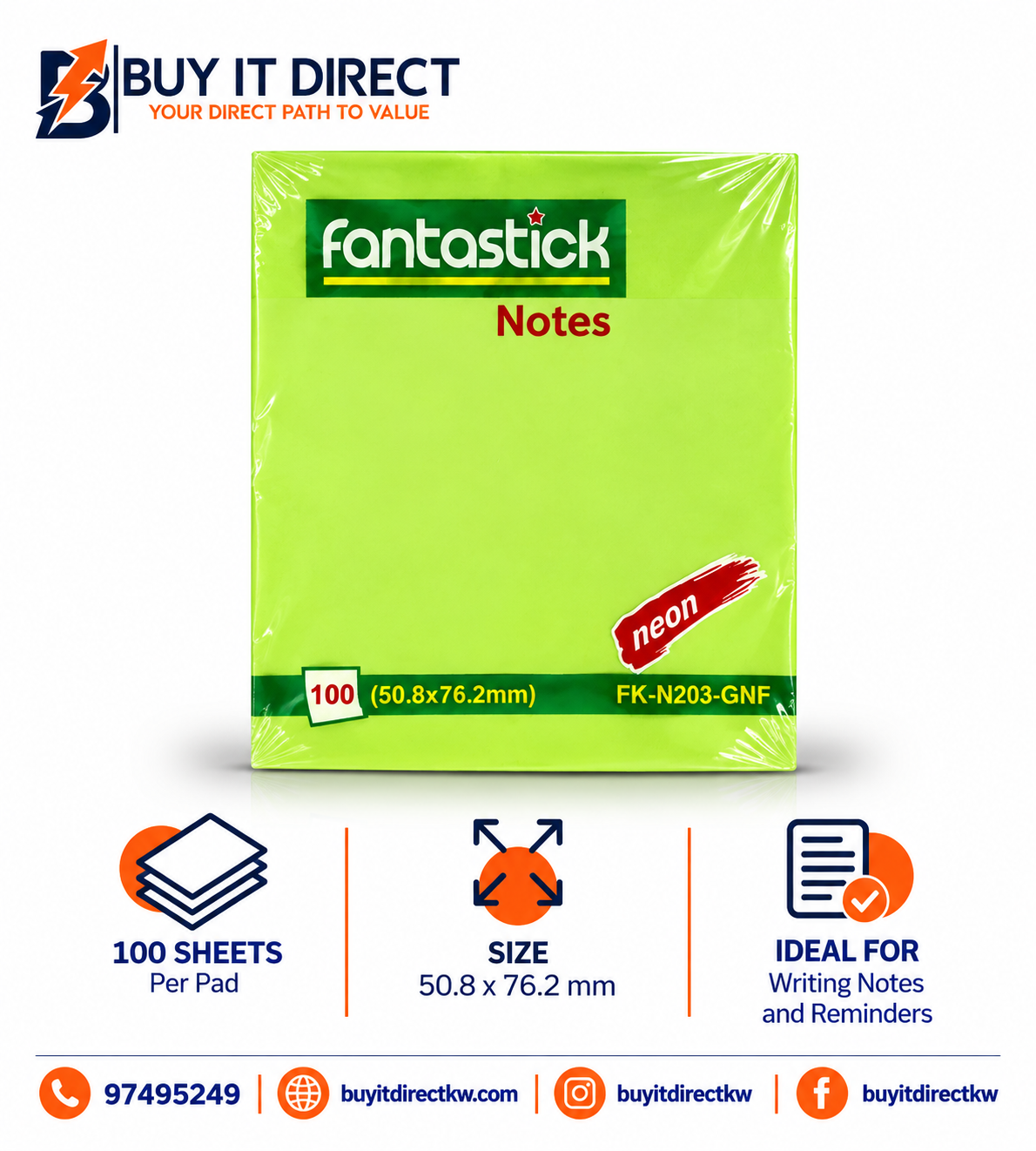 Fantastick 100 Notes Neon Green 50.8 x 76.2 mm