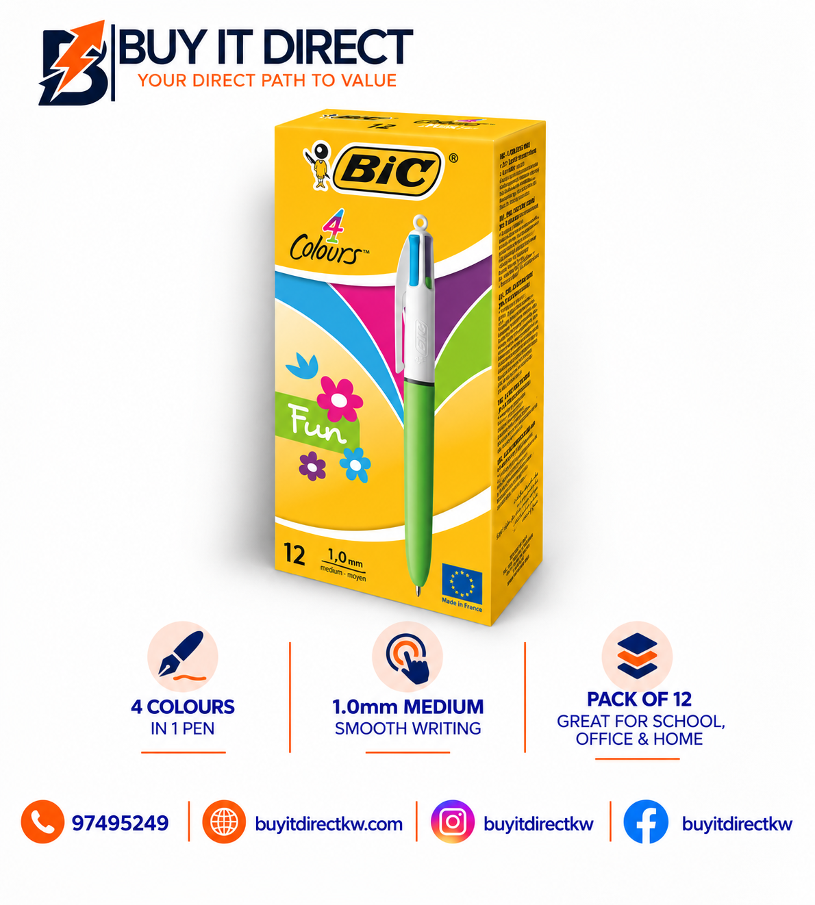 قلم BIC بأربعة ألوان 1.0 مم متوسط عبوة 12 قلم