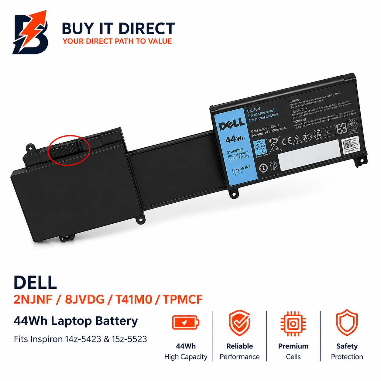 بطارية لابتوب ديل 2NJNF و8JVDG وT41M0 وTPMCF بسعة 44 واط ساعة متوافقة مع Inspiron 14z 5423 و15z 5523
