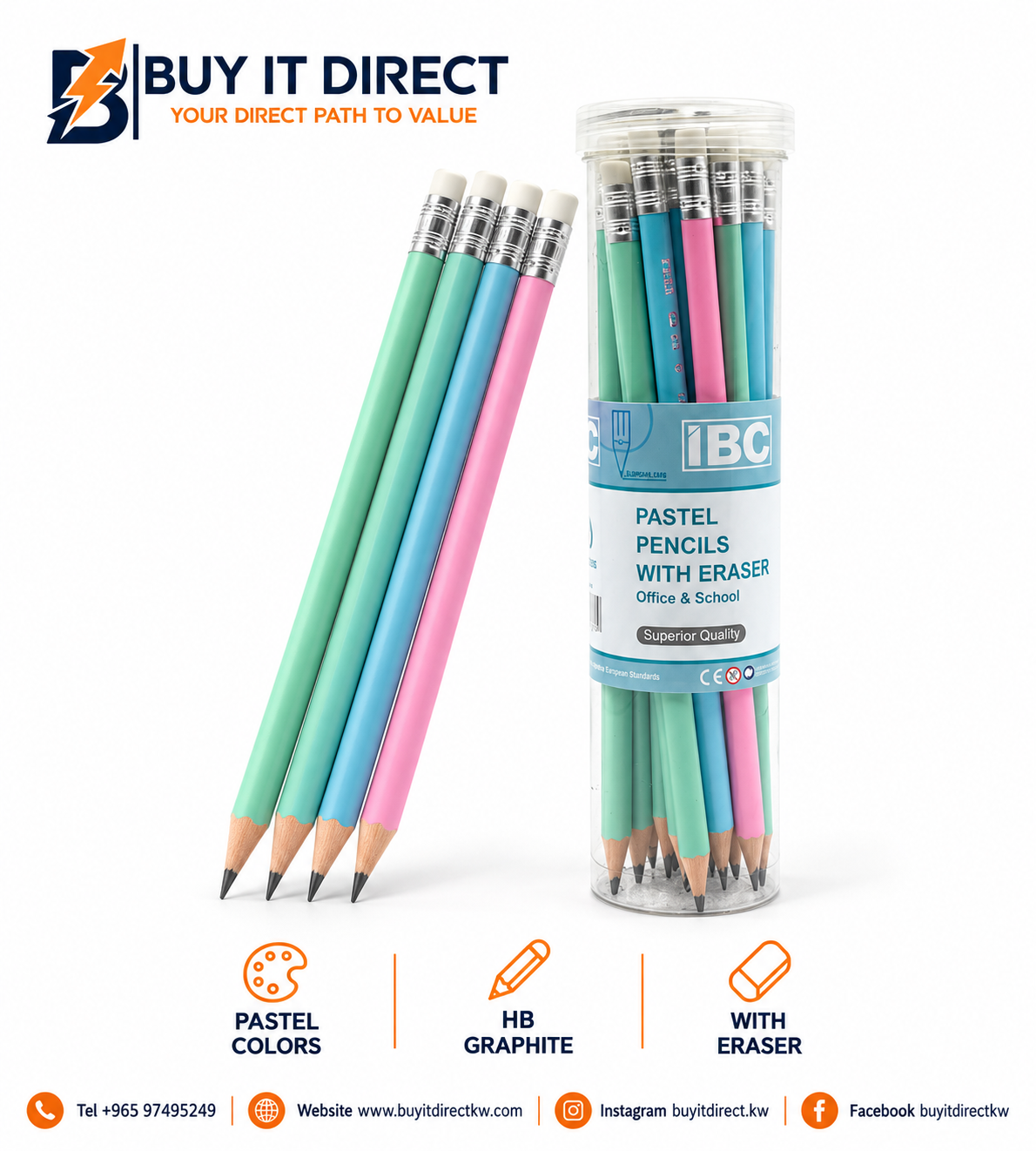 Pastel HB Graphite Pencils with Erasers – 24 Pcs