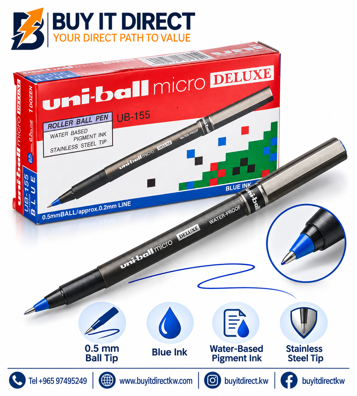 أقلام uni-ball Eye Micro Deluxe UB-155 أزرق 0.5 مم - عبوة 12 قلم