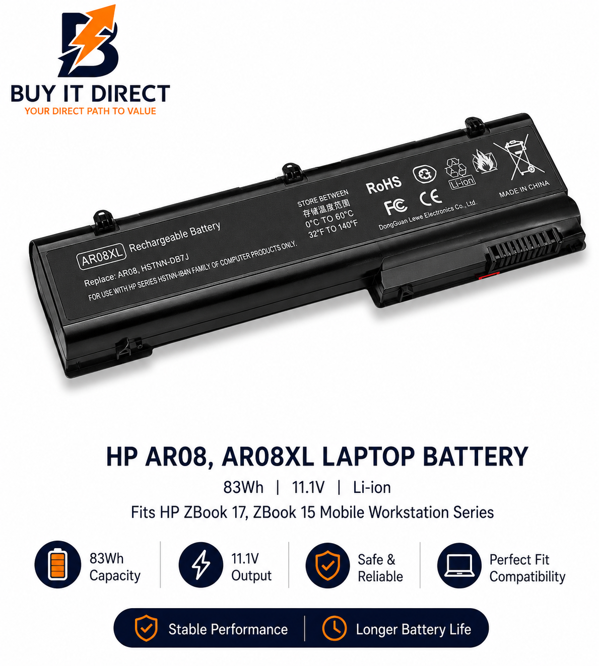 بطارية لابتوب اتش بي AR08 وAR08XL بسعة 83 واط ساعة متوافقة مع سلسلة HP ZBook 17 وZBook 15 لمحطات العمل المحمولة