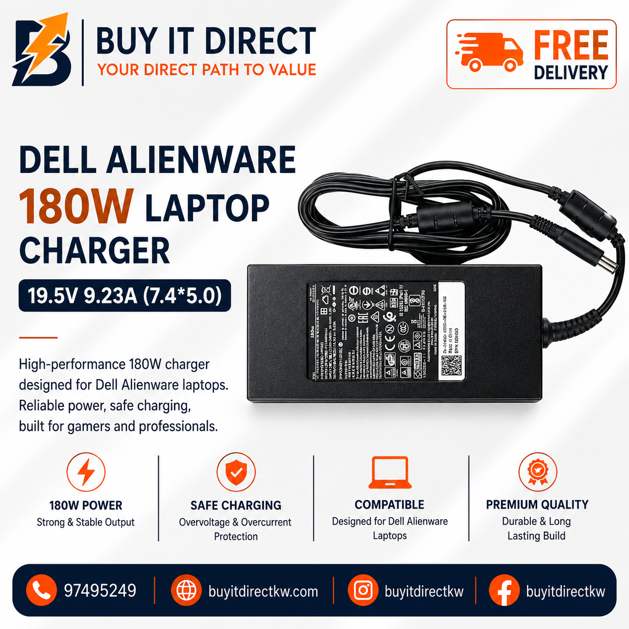 شاحن لابتوب Dell Alienware بقوة 180 واط 19.5 فولت 9.23 أمبير مع كابل طاقة 7.4 × 5.0 مم