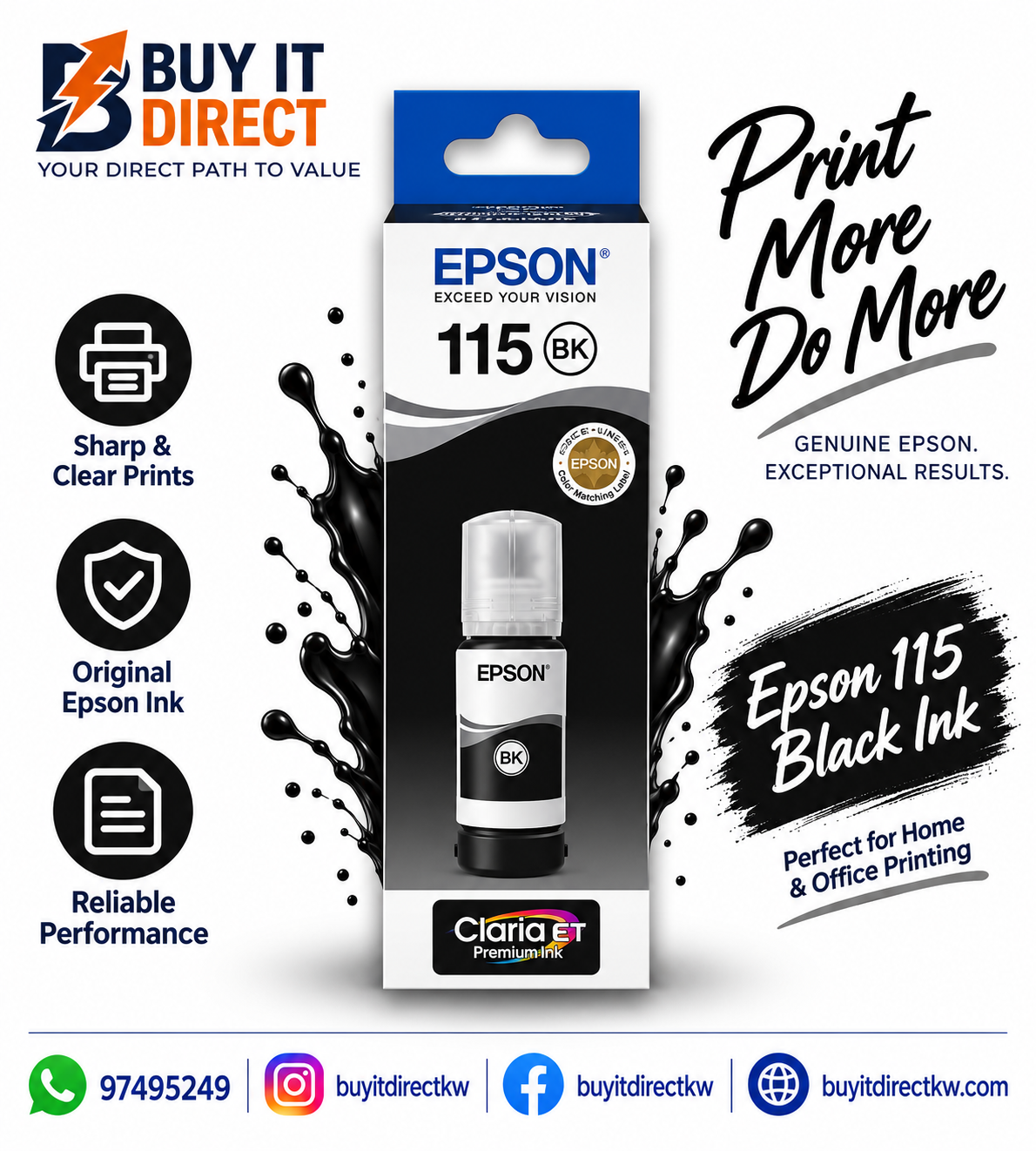 زجاجة حبر Epson 115 EcoTank أصلية باللون الأسود الصبغي – C13T07D14A