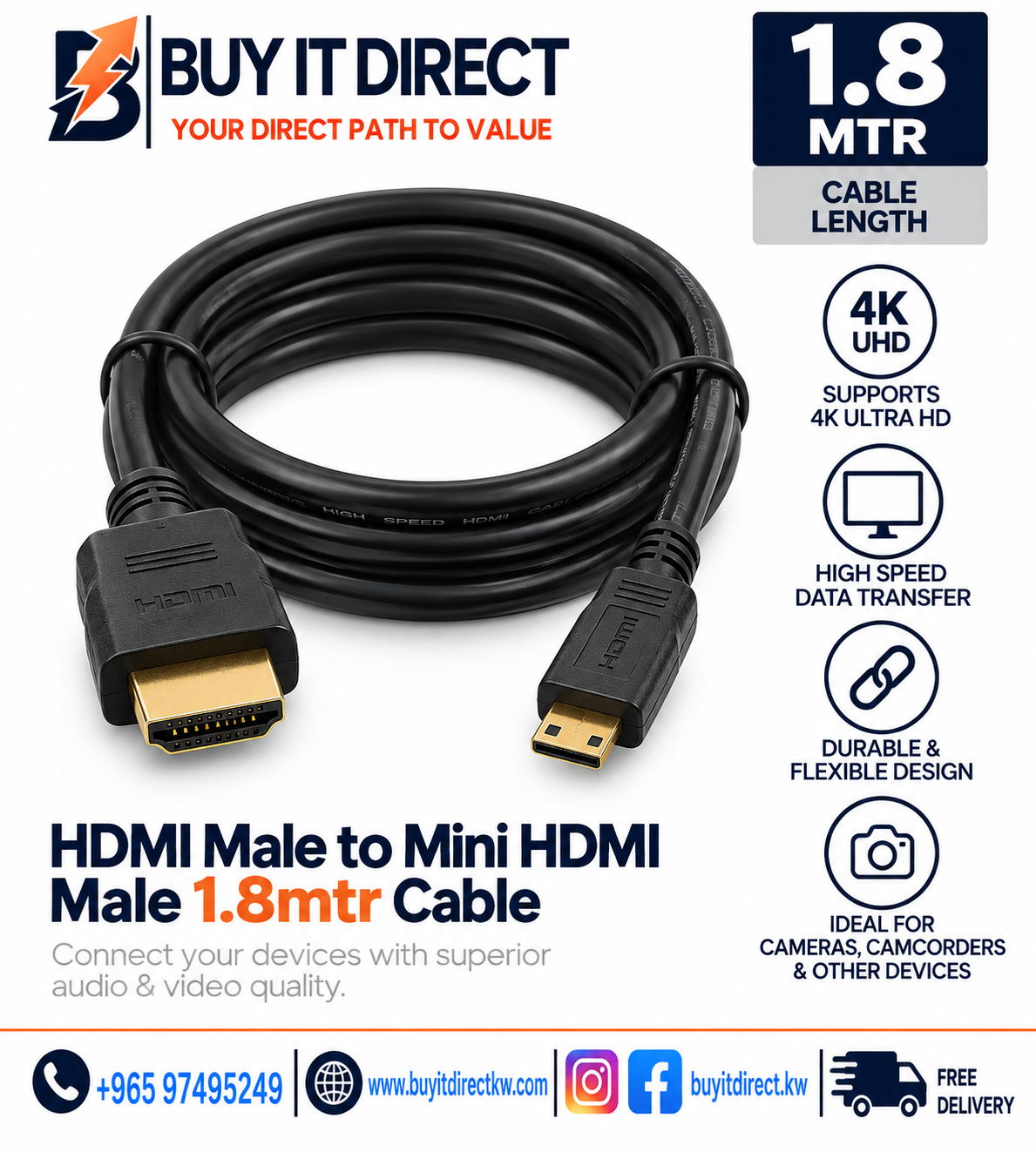 كابل HDMI ذكر إلى Mini HDMI ذكر بطول 1.8 متر