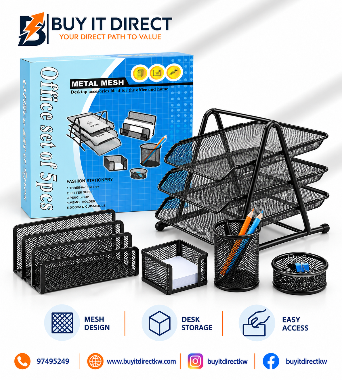 Office Set 5 Pcs Black Metal Mesh