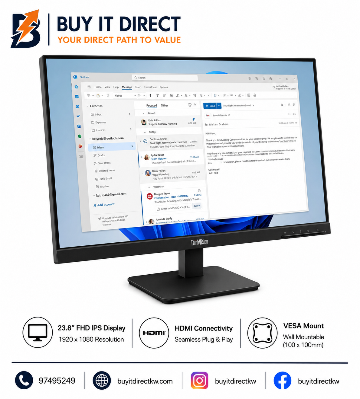 شاشة Lenovo ThinkVision S24-4e مقاس 23.8 بوصة بدقة Full HD وتردد 100 هرتز