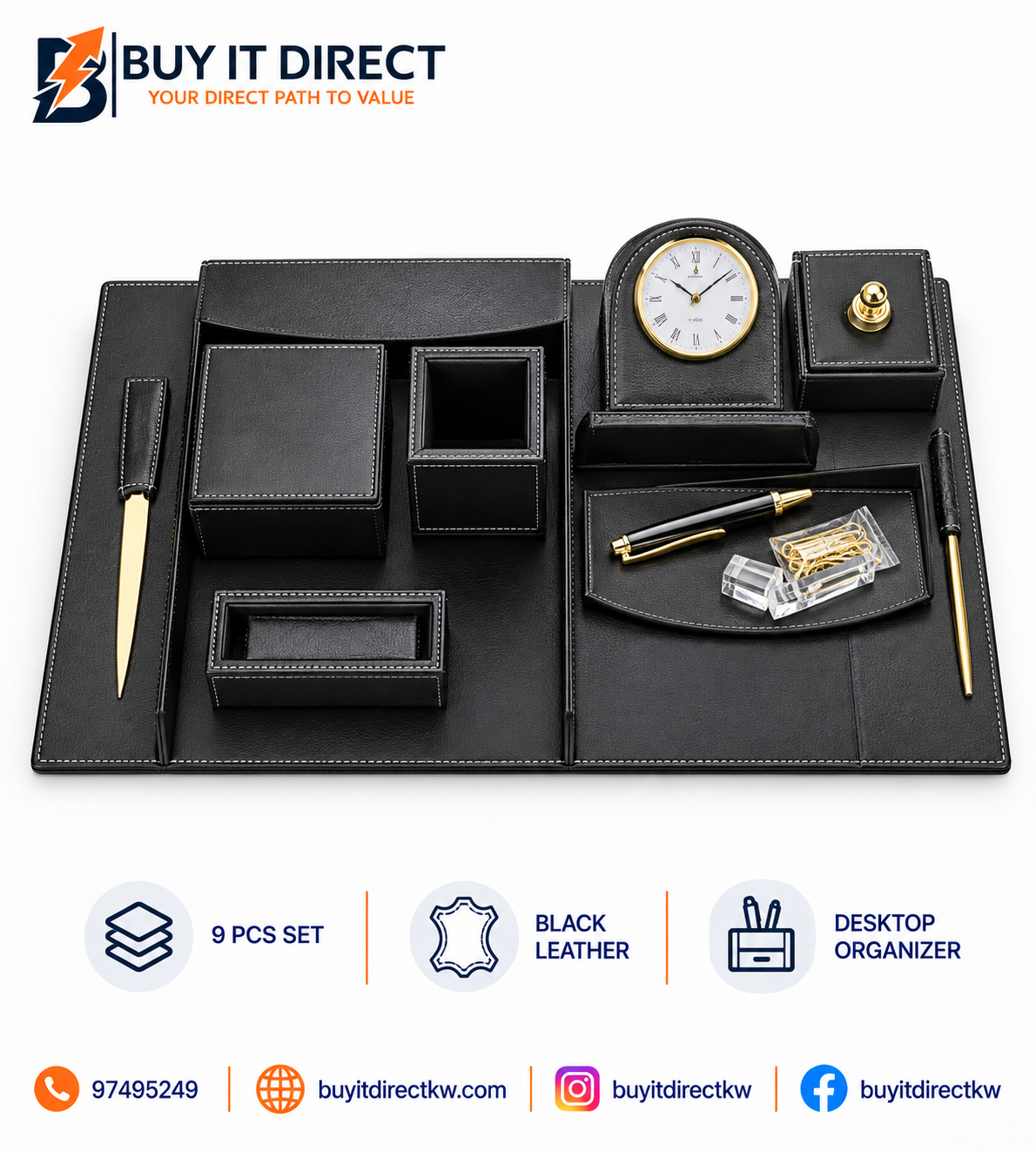 Black Leather Desktop Set 9 Pcs