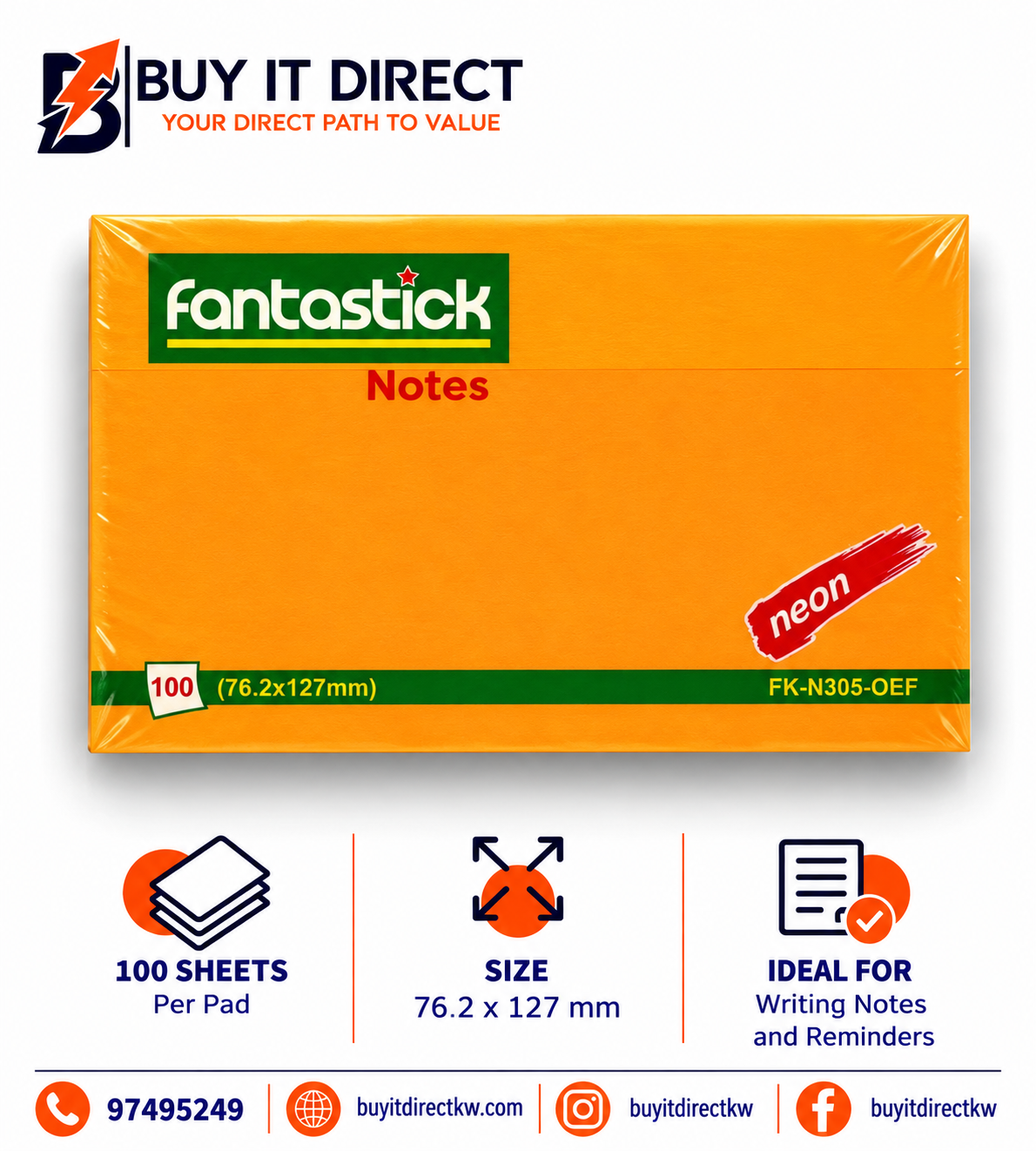 Fantastick 100 Notes Neon Orange 76.2 x 127 mm
