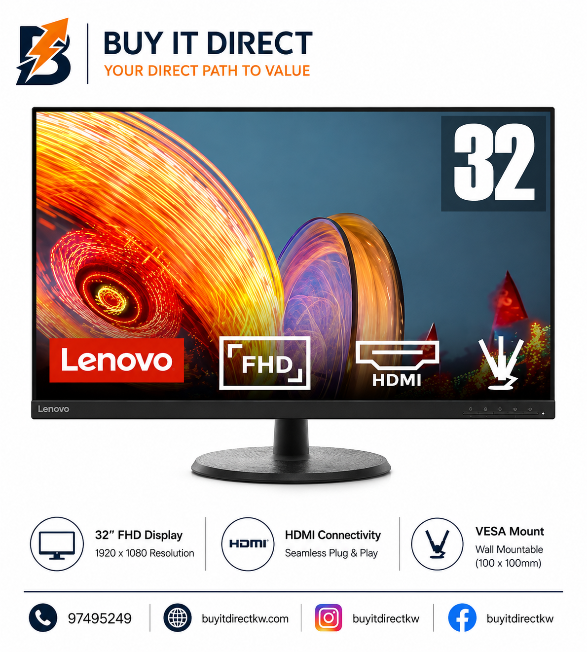 شاشة Lenovo D32-40 مقاس 31.5 بوصة بدقة Full HD