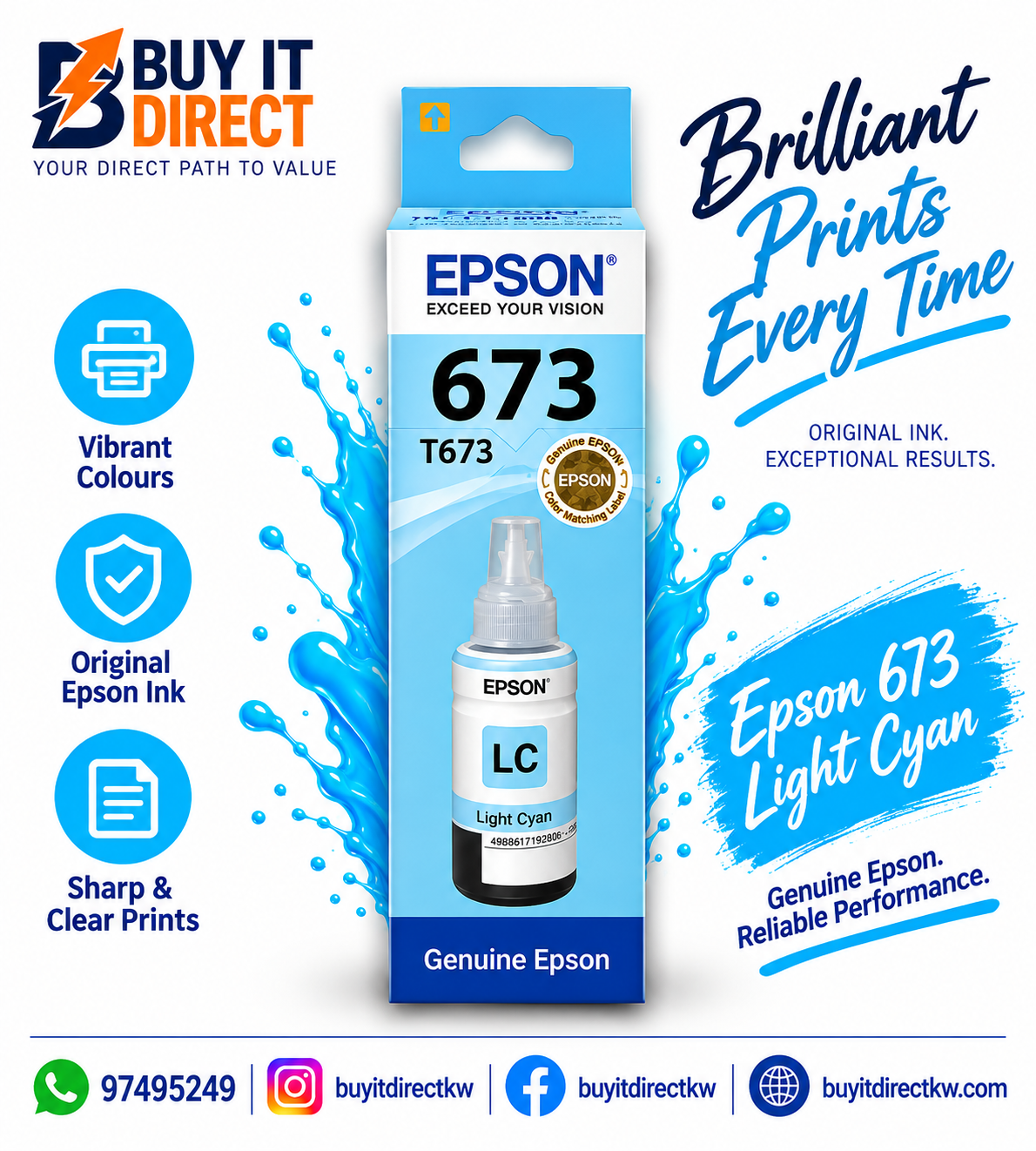 زجاجة حبر Epson T673 أصلية باللون السماوي – C13T67324A