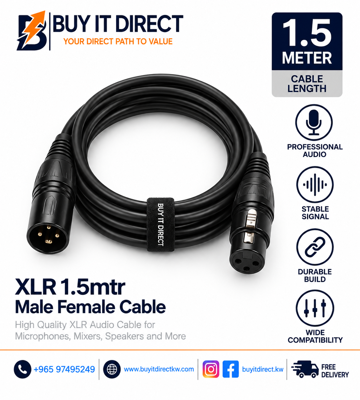 كابل XLR ذكر أنثى 1.5 متر
