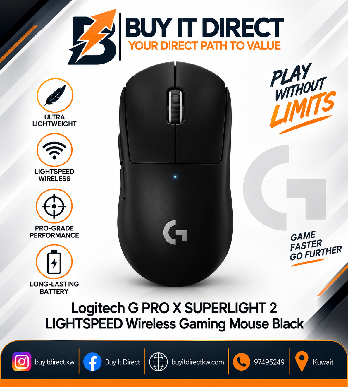 ماوس لوجيتك G PRO X SUPERLIGHT 2 لاسلكي للألعاب بتقنية LIGHTSPEED أسود