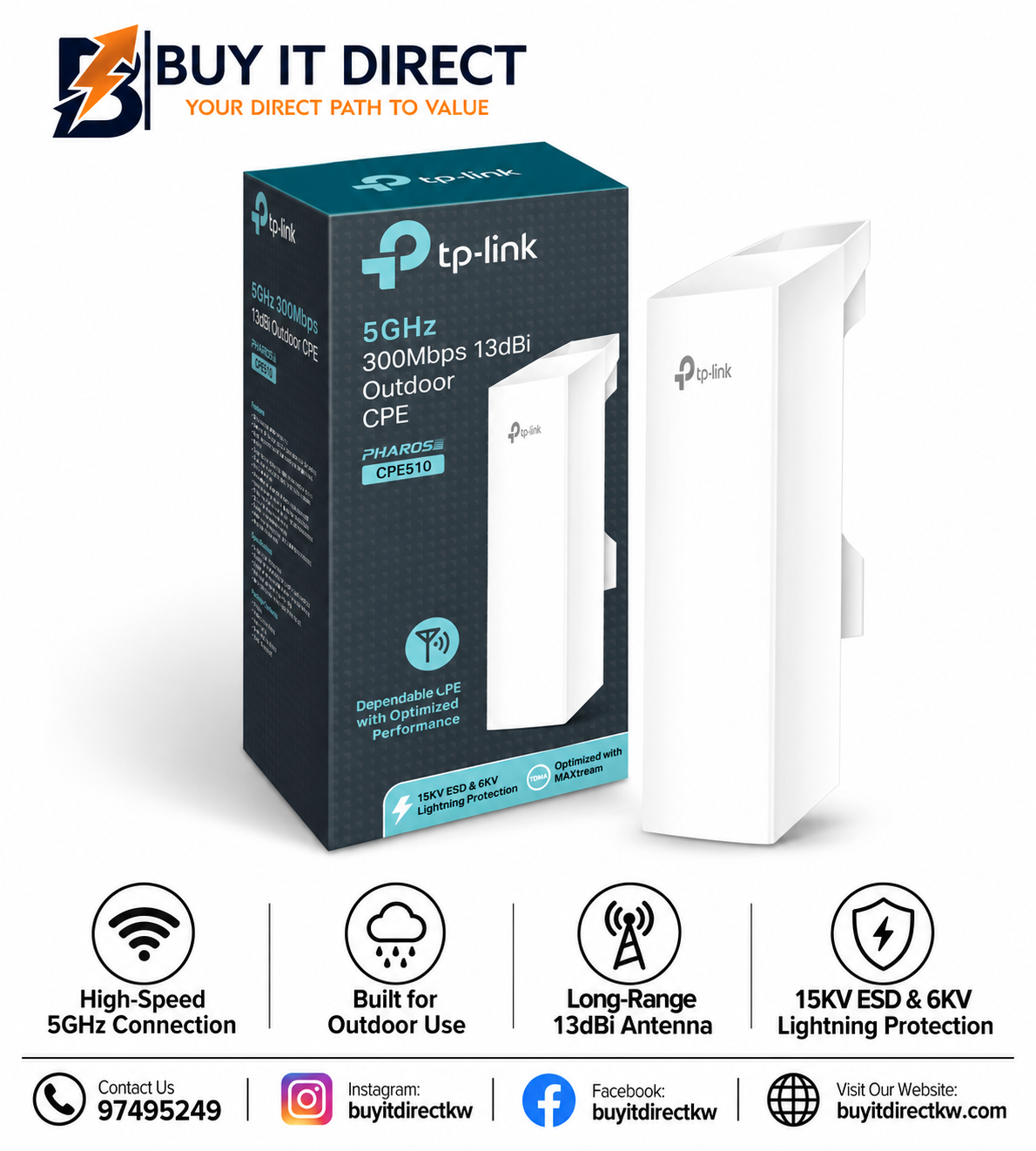 جهاز TP-Link CPE510 خارجي بتردد 5GHz وسرعة 300Mbps وهوائي 13dBi CPE510