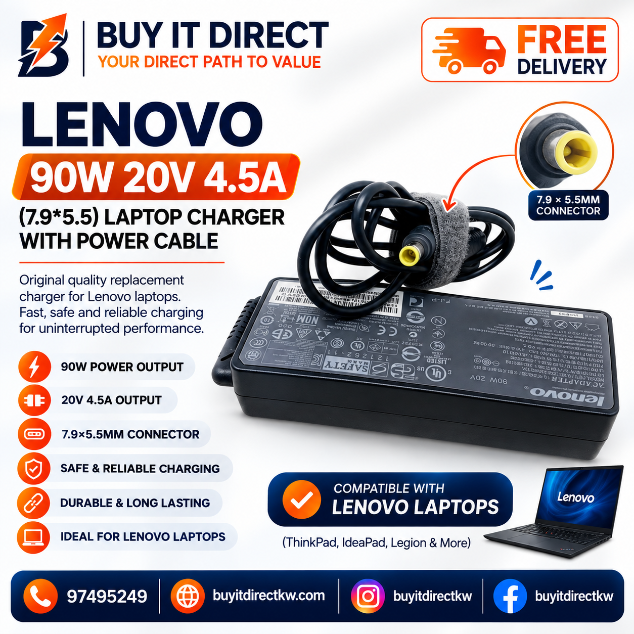 شاحن لابتوب Lenovo بقوة 90 واط 20 فولت 4.5 أمبير مع كابل طاقة 7.9 × 5.5 مم
