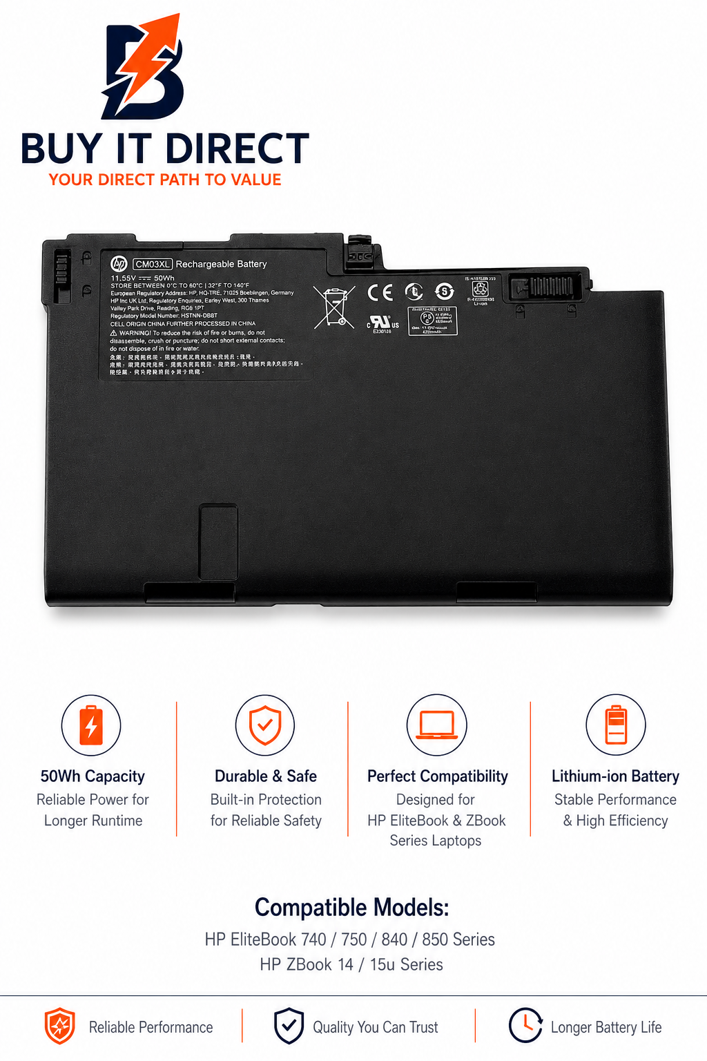 بطارية لابتوب اتش بي CM03XL بسعة 50 واط ساعة متوافقة مع سلسلة HP EliteBook 740 و750 و840 و850 وZBook 14 و15u