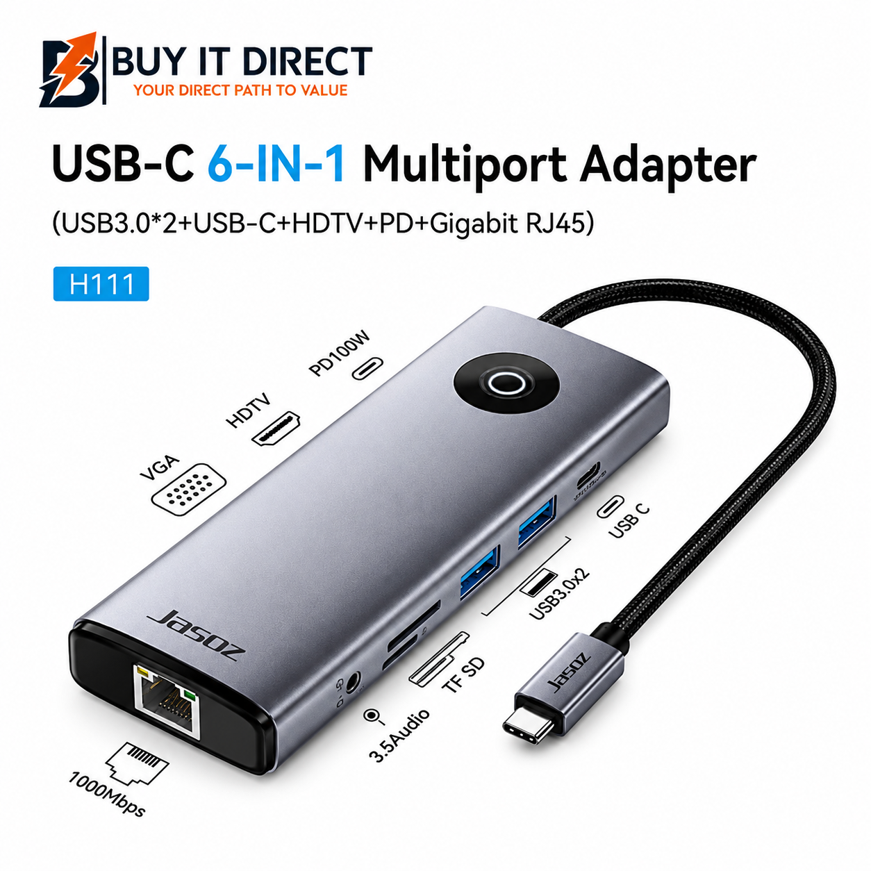 محطة إرساء Jasoz H111 Type C 6 في 1 مع HDMI و USB 3.0 و USB C و RJ45 و PD باللون الرمادي الفضائي