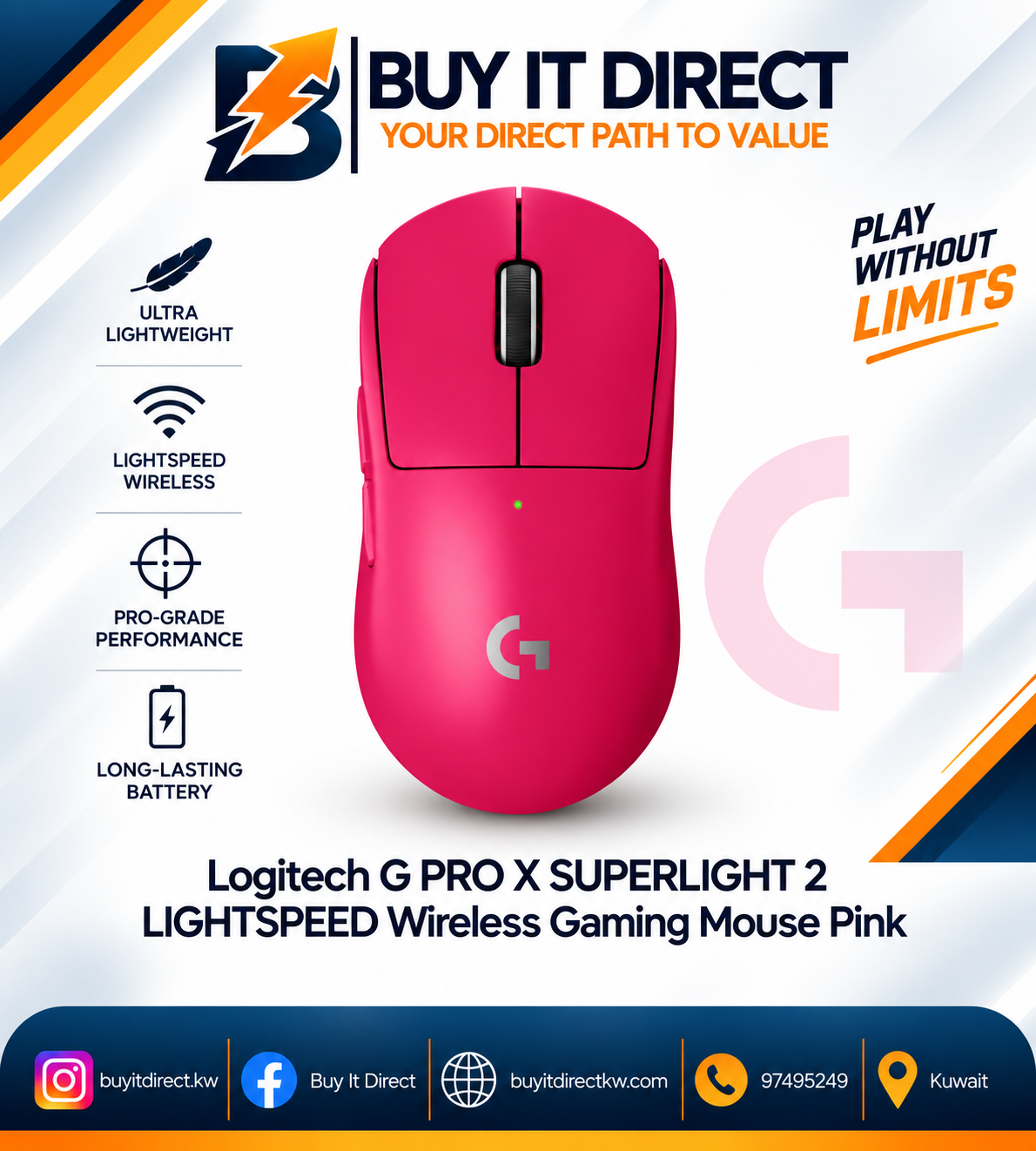 ماوس لوجيتك G PRO X SUPERLIGHT 2 لاسلكي للألعاب بتقنية LIGHTSPEED وردي