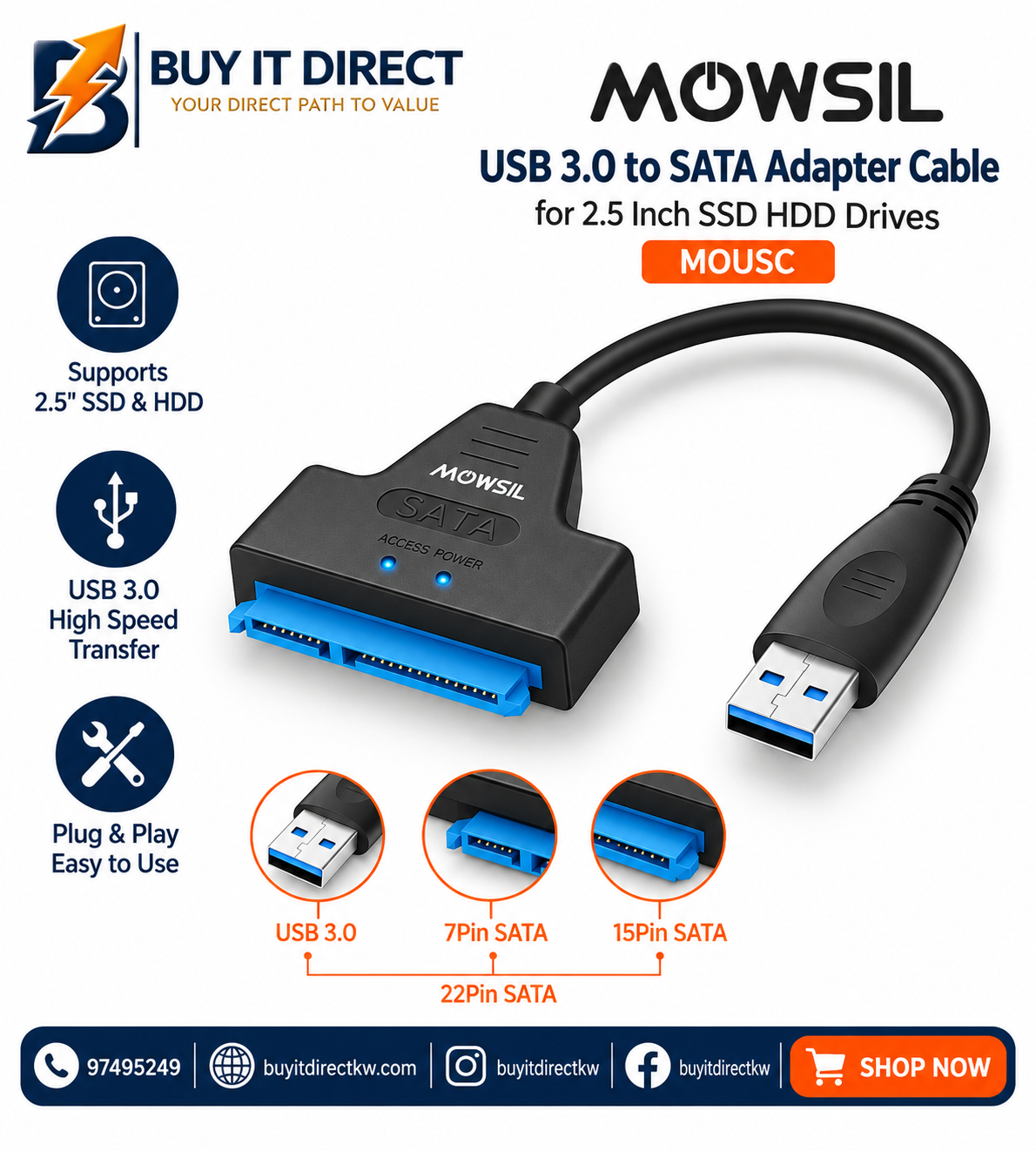 كابل محول MOWSIL USB 3.0 إلى SATA لمحركات SSD HDD مقاس 2.5 بوصة MOUSC