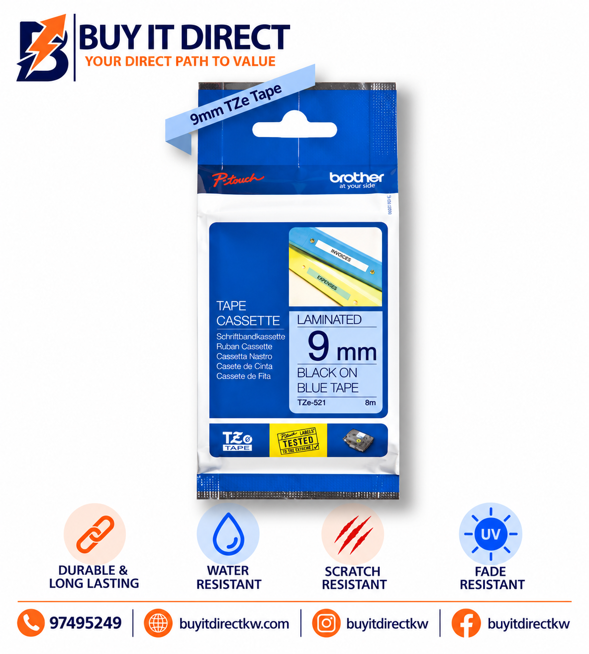 Brother Genuine TZe 521 Labelling Tape Cassette Black on Blue 9mm 8m